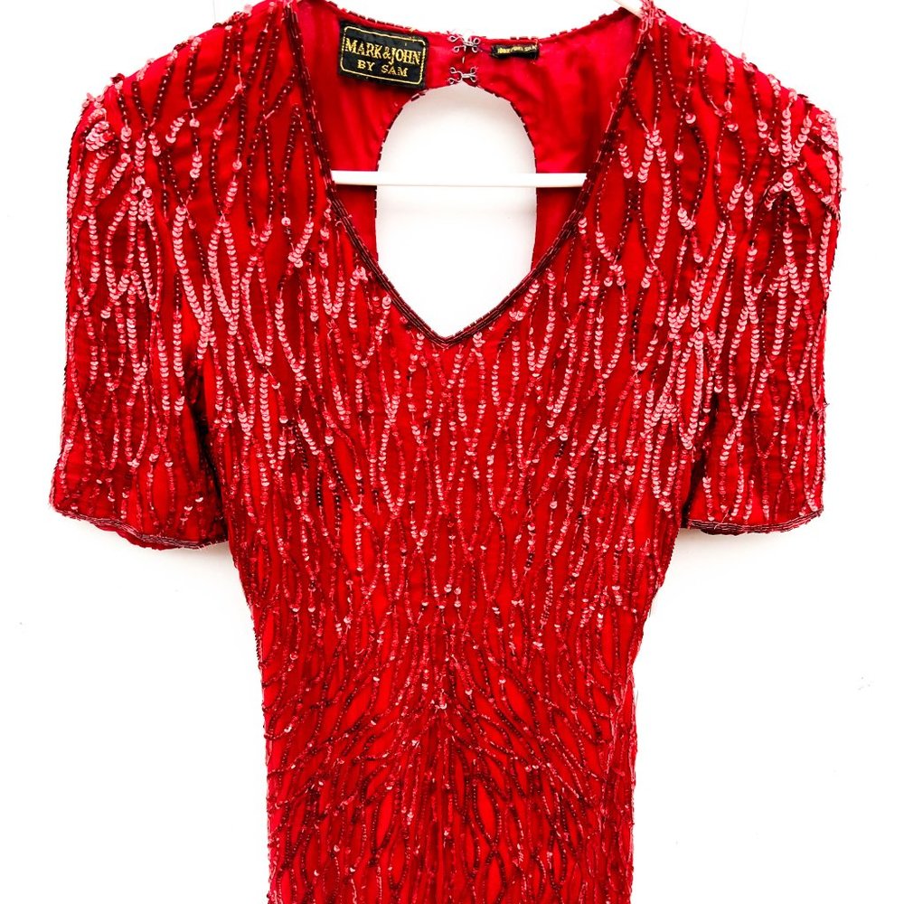 vintage red sequin dress v-neckline & back cutout 100% pure silk